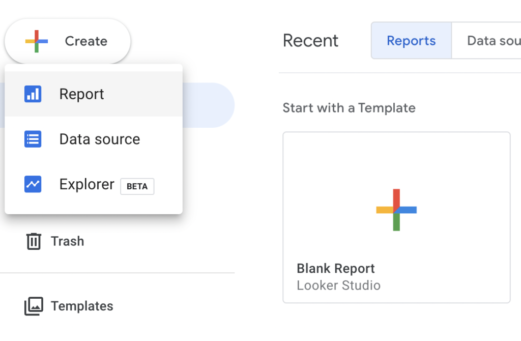 looker studio start creating dashboard report